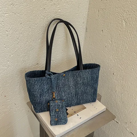 Bolso Tote de Mezclilla Retro para Mujer Gran Capacidad Bolso de Hombro Casual Bolso Axilar Con Mini Bolsa Desmontable