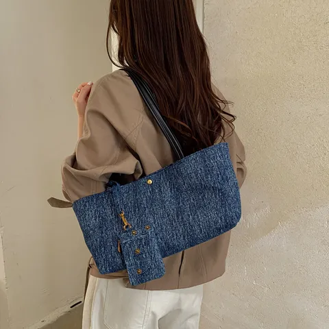 Bolso Tote de Mezclilla Retro para Mujer Gran Capacidad Bolso de Hombro Casual Bolso Axilar Con Mini Bolsa Desmontable