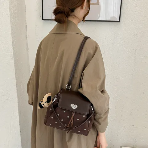 Korean Style Cute Polka Dot Suede Backpack For Women Mini School Bag With Heart Buckle Drawstring Commuter Travel Handbag