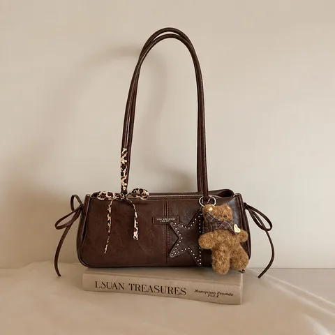 Borsa Bowling Vintage in Pelle PU per Donna Borsa a Mano Retrò di Grande Capacità Borsa a Tracolla con Ciondolo a Orso