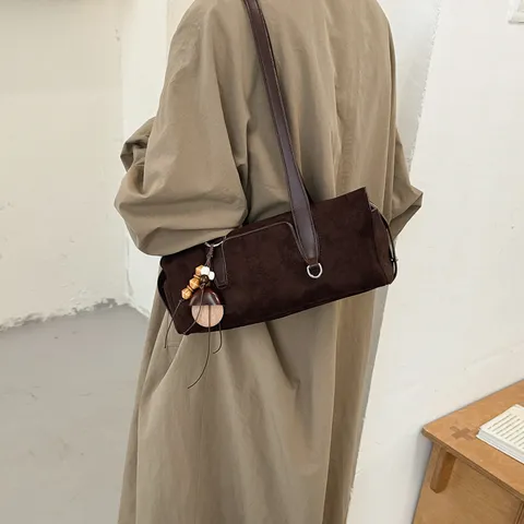 Vintage Faux Suede Underarm Bag For Women Retro Solid Color Large Capacity Bowling Shoulder Bag Casual Hobo Handbag Bag