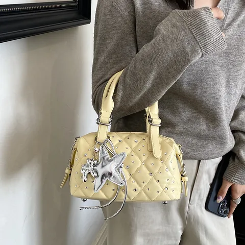 Women's Fashion Rhinestone Rhombic Boston Handbag Stylish PU Leather Crossbody Bag With Star Charm Cute Small Shoulder Bag For Daily Use