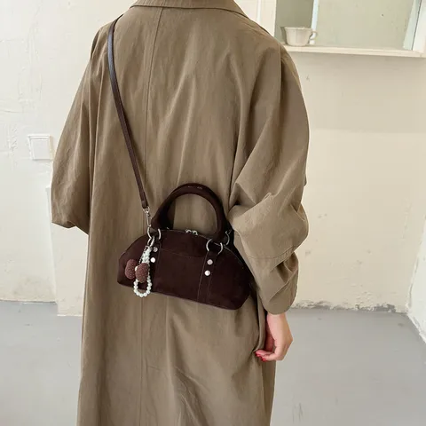 Vintage Suede Rivet Crossbody Handbag For Women Stylish Pillow Shape Top Handle Shoulder Bag With Pendant Fashion Daily Bag