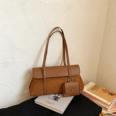 French Retro Women Underarm Bag PU Leather Splicing Large Capacity Shoulder Bag With Mini Pouch Pendant Minimalist Commute Purse