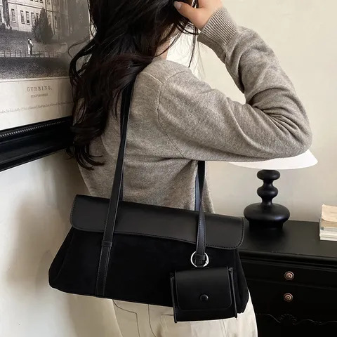 French Retro Women Underarm Bag PU Leather Splicing Large Capacity Shoulder Bag With Mini Pouch Pendant Minimalist Commute Purse