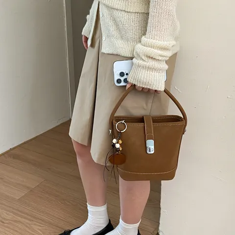 Bolso Cubo de Gamuza Retro Simple para Mujer Con Cierre Elegante Bolso de Mano de Cuero de PU Bolso de Hombro Bandolera de Color Sólido a la Moda
