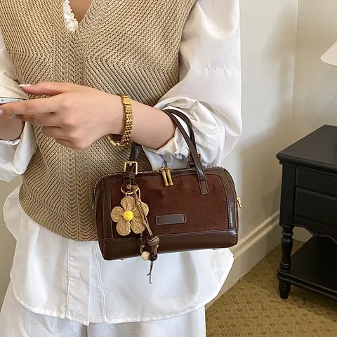 Vintage PU Leather Boston Bag For Women Elegant Woven Pattern Crossbody Bag With Flower Charm Small Pillow Handbag For Daily Use