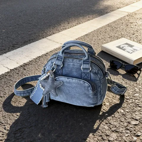 Women Washed Denim Boston Bag Star Charm Pearl Decor Crossbody Bag Casual Handbag Daily Travel Fashion Top Handle Shoulder Bag