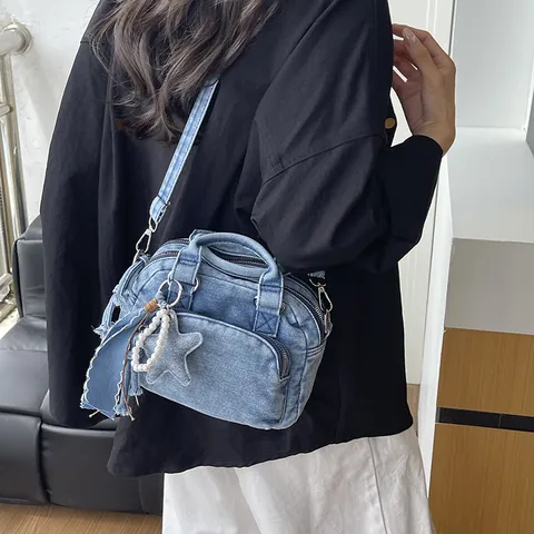 Women Washed Denim Boston Bag Star Charm Pearl Decor Crossbody Bag Casual Handbag Daily Travel Fashion Top Handle Shoulder Bag