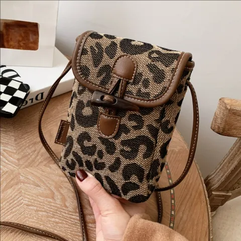 Women Retro Leopard Houndstooth Plaid Phone Bag PU Fabric Crossbody Shoulder Bag Toggle Buckle Fashion Handbag Purse