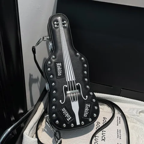 Y2K Street Style Guitar Violin Shaped Crossbody Bag For Women PU Leather Rivet Studded Shoulder Bag Personalized Music Style Purse