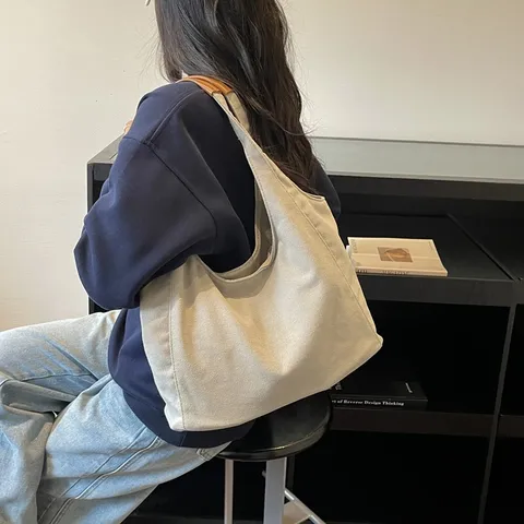 Damen Canvas Tote Bag Große Kapazität Vintage Retro Einfarbig Umhängetasche Mit Kunstledergriff Lässige Pendler Einkaufstasche