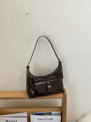 Women Glossy PU Leather Underarm Bag Fashion Retro Shoulder Bag Solid Color Half Moon Dumpling Bag With Front Pocket Metal Buckle Commuter Handbag