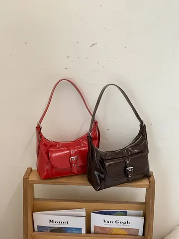 Women Glossy PU Leather Underarm Bag Fashion Retro Shoulder Bag Solid Color Half Moon Dumpling Bag With Front Pocket Metal Buckle Commuter Handbag