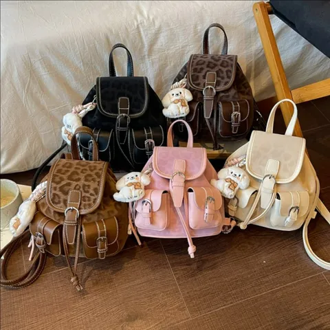 Vintage Women Leopard Print Backpack PU Leather Patchwork Drawstring Mini Shoulder Bag Fashion Multi-pocket Casual Commute Travel Backpack