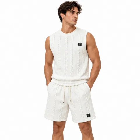Herren Casual Strick Jacquard Trägershirt Und Shorts Set Sommer Sportbekleidung Ärmellos Weste Und Hose Outfits
