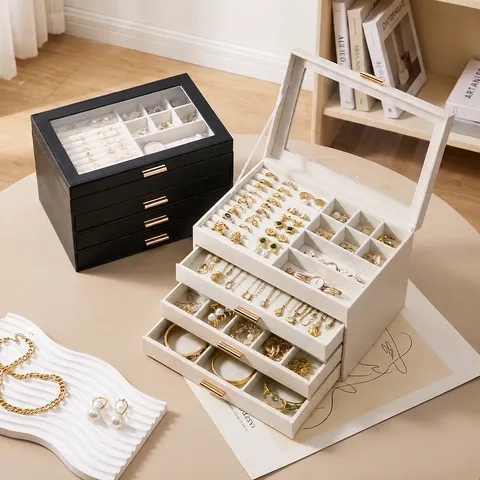 4-Layer Leather Jewelry Box With Clear Window Flip Top Multi-Drawer Large Capacity Jewelry Organizer Case For Rings Necklaces Earrings