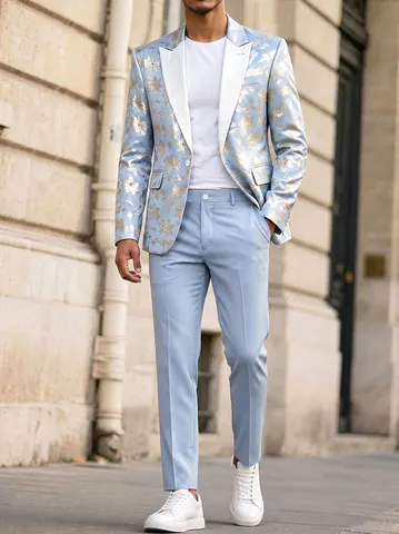 Completo Uomo Lusso Celeste Oro Floreale Bronzato Slim Fit Rever a Lancia 2 Pezzi Giacca e Pantaloni Festa Matrimonio Blazer