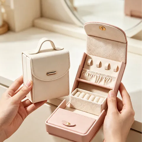 Portable PU Leather Jewelry Box Travel Mini Jewelry Organizer For Rings Earrings Necklaces Bracelet With Handle Metal Buckle Storage Box