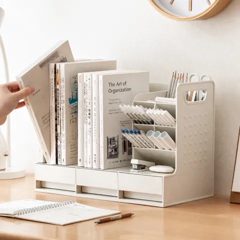 Organizzatore da Scrivania 2-in-1 Minimalista Reggilibri Con Portapenne e Cassetti in Plastica PS Scatola Portaoggetti per Studio Ufficio