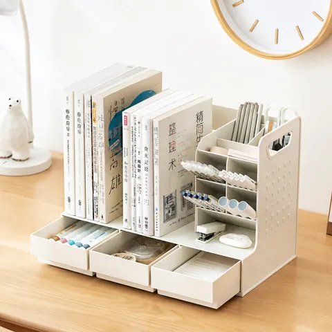 Organizzatore da Scrivania 2-in-1 Minimalista Reggilibri Con Portapenne e Cassetti in Plastica PS Scatola Portaoggetti per Studio Ufficio