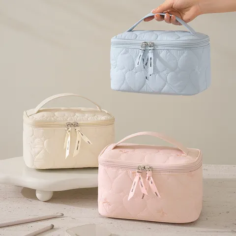 Hart Gevoerd Cosmetische Tas Grote Capaciteit Reizen Cosmetische Organizer Met Strik Geborduurd Zoete Stijl Makeup Tas