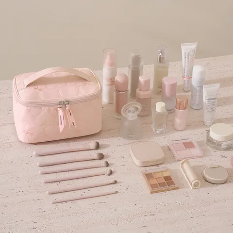 Hart Gevoerd Cosmetische Tas Grote Capaciteit Reizen Cosmetische Organizer Met Strik Geborduurd Zoete Stijl Makeup Tas