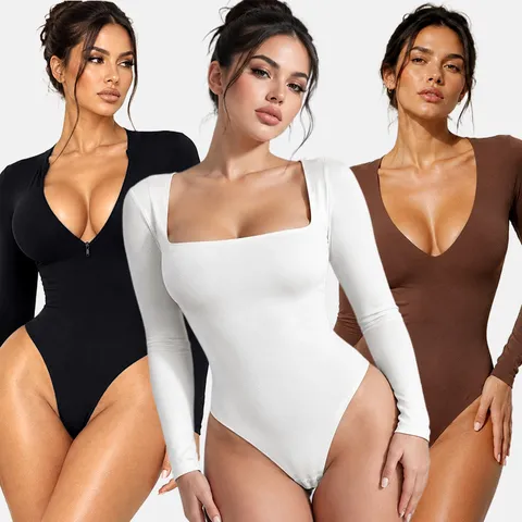 Bodysuit Sexy à Manches Longues Pour Femmes Coupe Ajustée Couleur Unie Gaine Jumpsuit Top Automne Hiver Vêtements Sans Couture