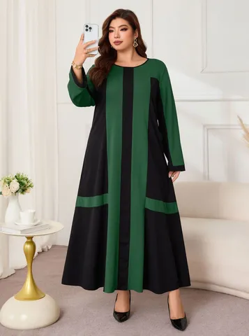 Γυναικείο Plus Size Μακρύ Μανίκι Χρωματικό Μπλοκ Maxi Φόρεμα Casual Φαρδύ Στρογγυλή Λαιμόκοψη Κομψό Μακρύ Φόρεμα Για Φθινόπωρο