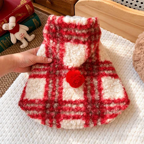 Capa de Navidad para Mascotas Cuadros Rojos y Blancos Perro Gato Chaleco Cálido con Capucha Ropa de Invierno Disfraz