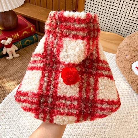 Capa de Navidad para Mascotas Cuadros Rojos y Blancos Perro Gato Chaleco Cálido con Capucha Ropa de Invierno Disfraz
