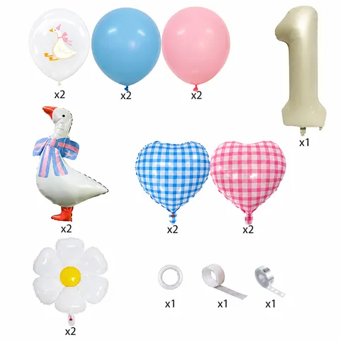 Cute White Goose Theme Balloon Set Plaid Heart Daisy Aluminum Foil Latex Balloons For Baby Birthday Party Decoration Supplies