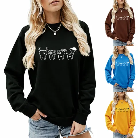 Weihnachten Zähne Druck Sweatshirt Damen Casual Rundhals Langarm Top Locker Festliches Grafik Pullover Feiertag Kleidung