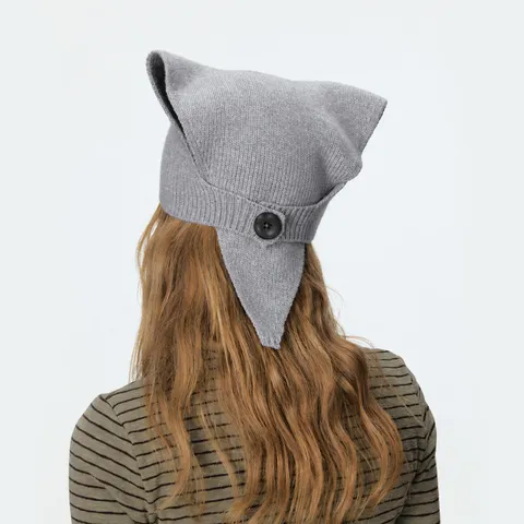 Women Winter Knitted Triangle Scarf Hood Warm Ear Protection Neck Warmer With Wooden Button Versatile Solid Color Shawl Wrap
