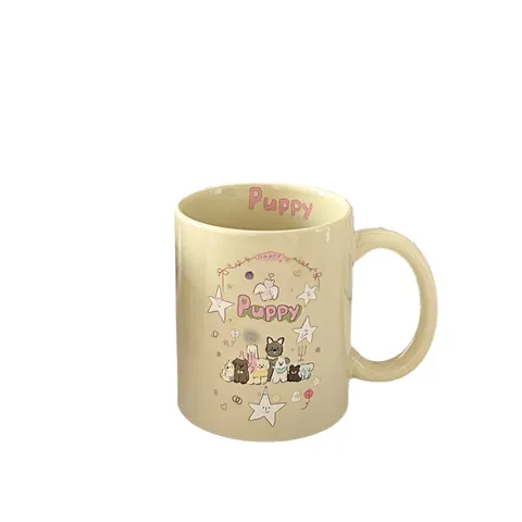 Cartoon Puppy Large Capacity Ceramic Mug With Wooden Lid And Spoon Gift Box Set Cute Dog Pattern Couple Drinking Cup