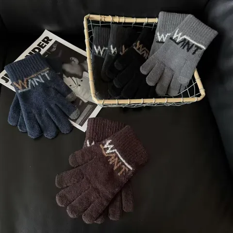 Herren Winter Warm Strick Touchscreen Handschuhe Jacquard Buchstaben Muster Winddicht Outdoor Radfahren Pendler Thermohandschuhe