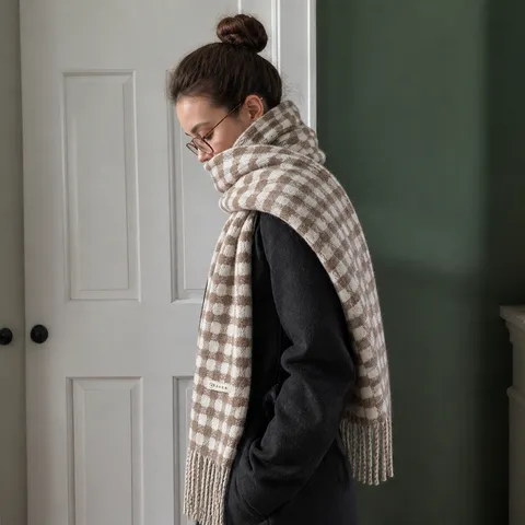 Winter Thickened Plaid Scarf For Women Vintage Elegant Fringe Shawl Warm Polyester Knitted Scarf Soft Neck Warmer Wrap