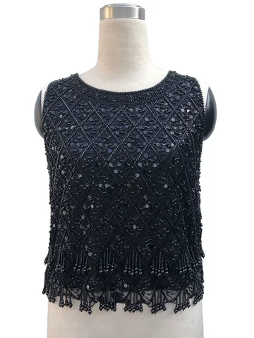 Women Heavy Industry Sequin Beaded Tassel Tank Top Vintage Geometric Pattern Mesh Vest Elegant Sleeveless Party Outerwear Top