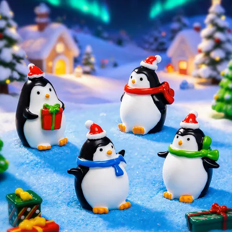 Christmas Miniature Penguin Figurines Resin Cartoon Micro Landscape Desktop Ornaments Holiday Decor Gift Small Winter Animal
