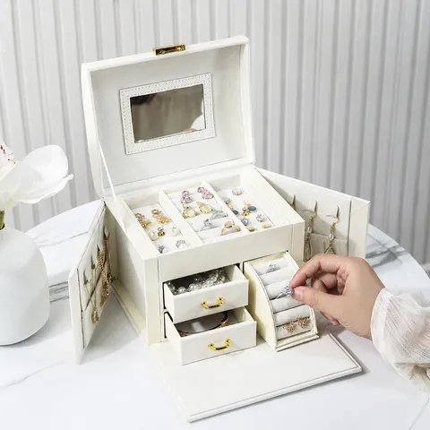 Large Capacity PU Leather Jewelry Box For Ring Earring Necklace Organizing Built-in Mirror Portable Case Holiday Present