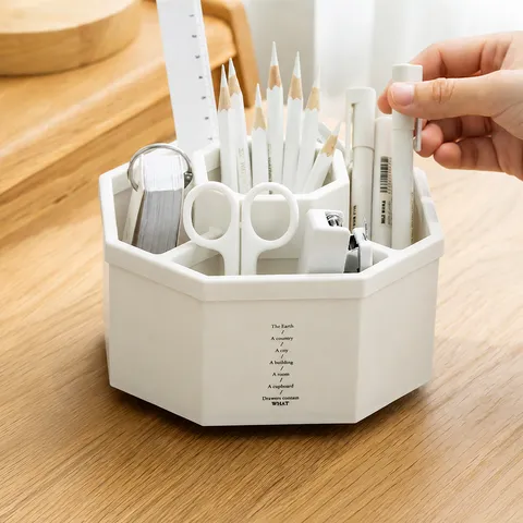 360 Degree Rotating Pen Holder Desk Organizer Large Capacity 5 Compartments Plastic Pencil Cup Makeup Brush Holder For Office School Supplies