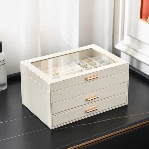 Luxus PU Leder Schmuckschatulle 3 Schichten Schmuck Organizer Mit Glasfenster 2 Schubladen Für Ohrringe Ringe Lagerung