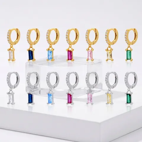 Huggie Hoop Oorbellen 925 Sterling Zilver Met Rechthoekige Baguette Zirkoon Hanger Geometrische Kleurrijke Sieraden