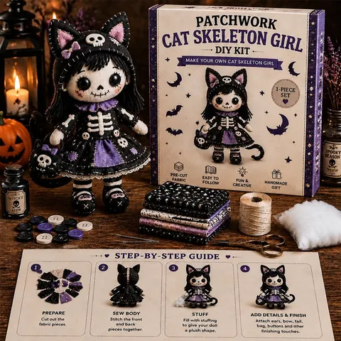 Halloween DIY Patchwork Kit Skeleton Witch Girl Pumpkin Bat Boy Gothic Plush Doll Kit Hand-stitched Sewing Set Craft Kit For Gift