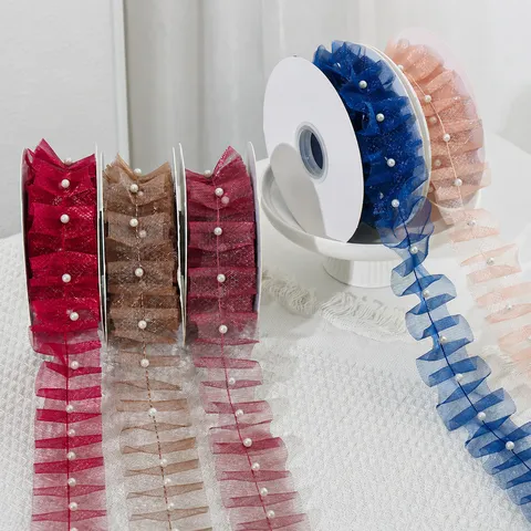 Elegantes Plissiertes Netzgewebe Kariert Perlen Spitzenband Mit Künstlicher Perle Für Blumenstrauß Geschenkverpackung DIY Bekleidung Nähen Besatz