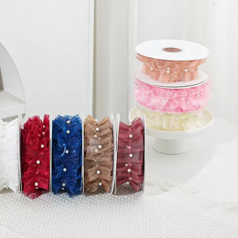 Elegantes Plissiertes Netzgewebe Kariert Perlen Spitzenband Mit Künstlicher Perle Für Blumenstrauß Geschenkverpackung DIY Bekleidung Nähen Besatz