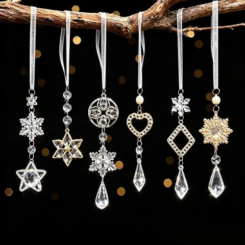 Acrylic Christmas Snowflake Pendant Crystal Look Star Heart Hanging Ornaments With Artificial Pearl Rhinestone For Holiday Decoration