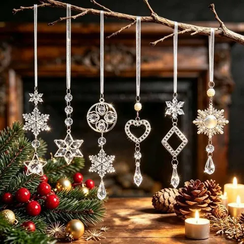 Acrylic Christmas Snowflake Pendant Crystal Look Star Heart Hanging Ornaments With Artificial Pearl Rhinestone For Holiday Decoration