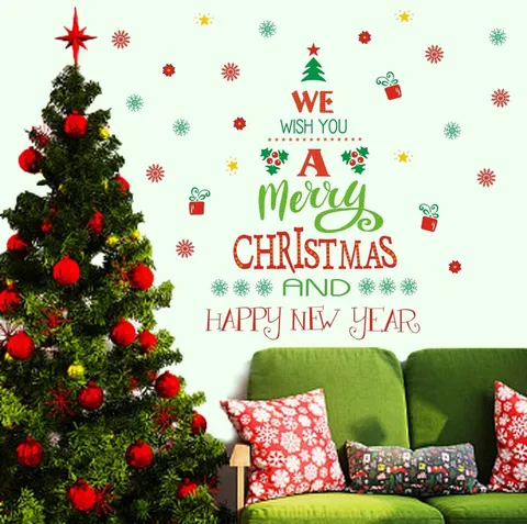 Merry Christmas And Happy New Year Wall Sticker Festive Snowflake Gift Text PVC Self-Adhesive Decal For Mall Window Home Decoration Party Supplies