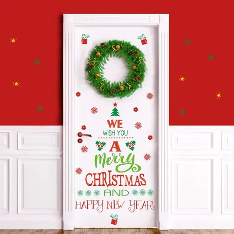 Merry Christmas And Happy New Year Wall Sticker Festive Snowflake Gift Text PVC Self-Adhesive Decal For Mall Window Home Decoration Party Supplies